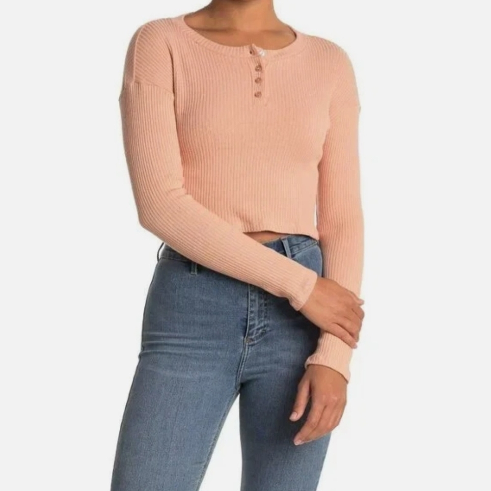 Lush Blush Pink Ribbed Cotton Long Sleeve Henley Crop Top NWOT Size XL